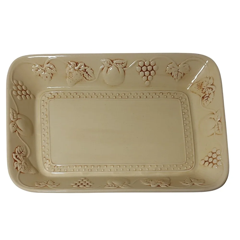 Vintage Platter Ceramic Embossed Grapes Leaves Strawberries 13 x 9 in Beige Fall